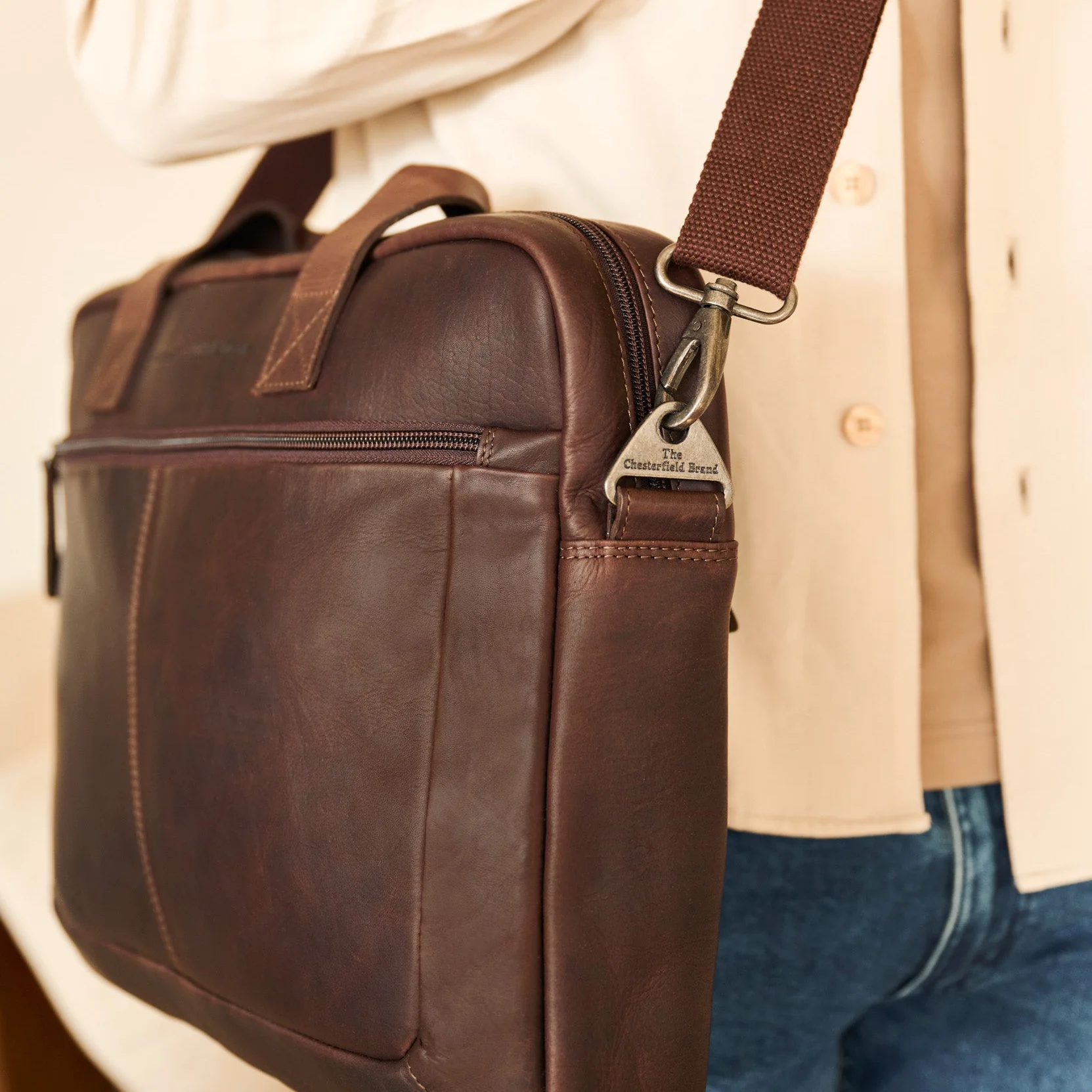 Leather Laptop Bag Brown Calvi - Image 3