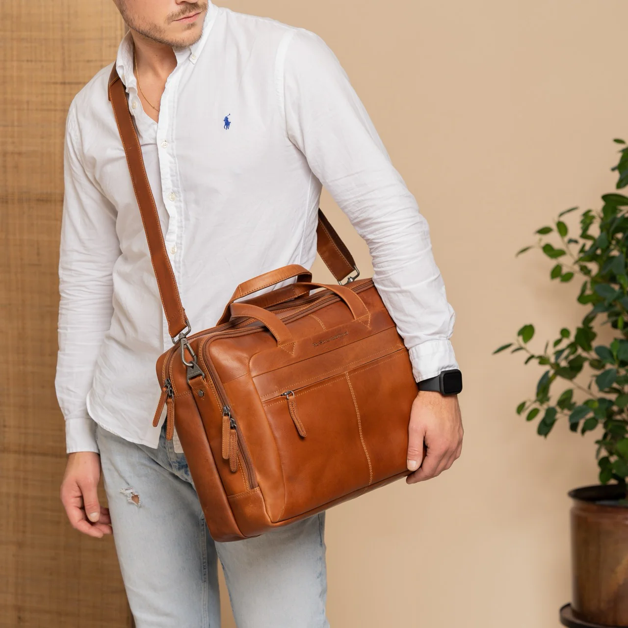 Leather Laptop Bag Cognac Ryan - Image 3