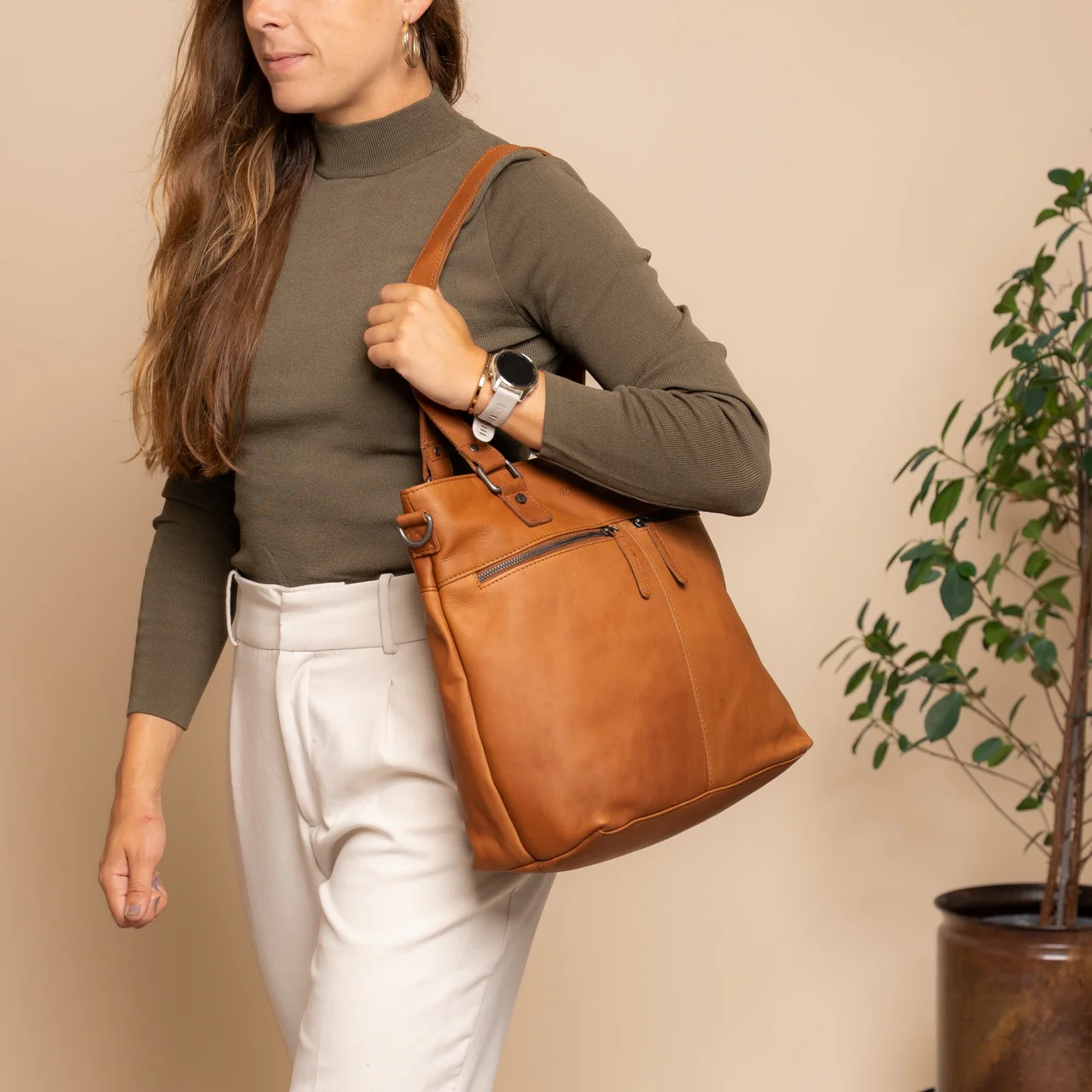 Leather Shopper Cognac Rome - Image 3